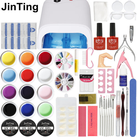 36W Lamp 12 Color UV GEL + clear Nail brushes False Finger Cutter clearnser plus Nail Art Tool Kit Sets