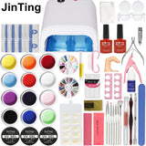 36W Lamp 12 Color UV GEL + clear Nail brushes False Finger Cutter clearnser plus Nail Art Tool Kit Sets